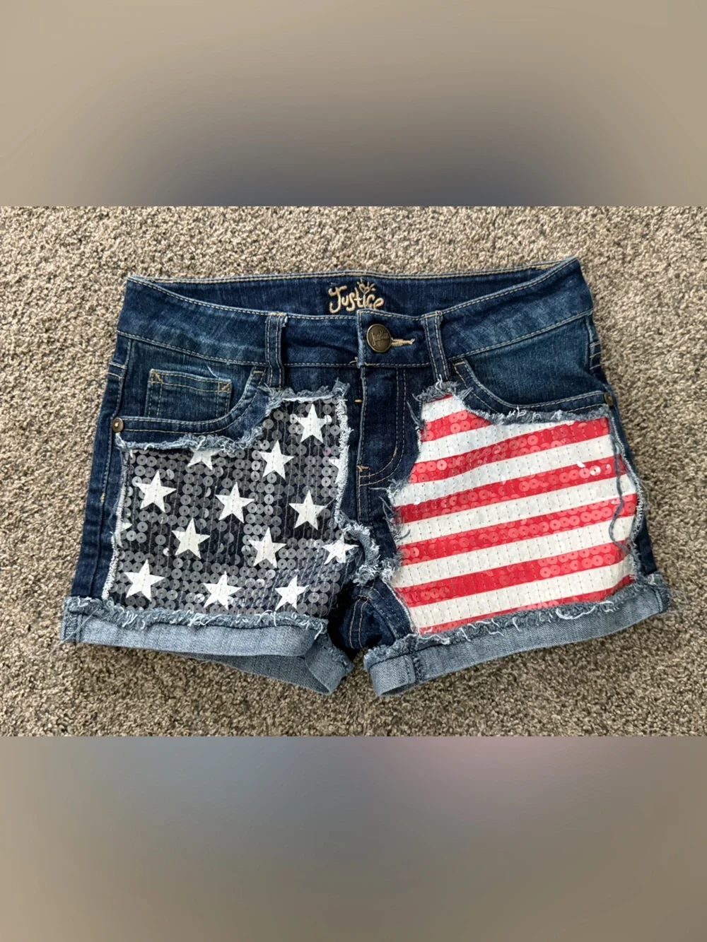 Girls sequin American flag Justice denim shorts dark denim size 10